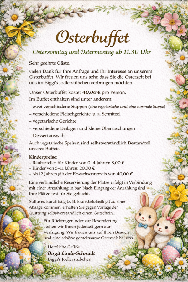 Einladung zum Osterbuffet mit Menü und Preisen.