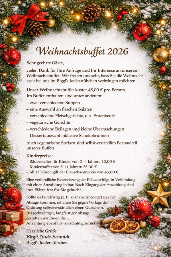 Einladung Weihnachtsbuffet mit Menüliste und Preisen 2026.